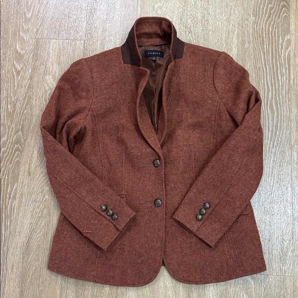 Talbots Classic Shetland Herringbone Wool Blend Blazer Rust Brown Size 12